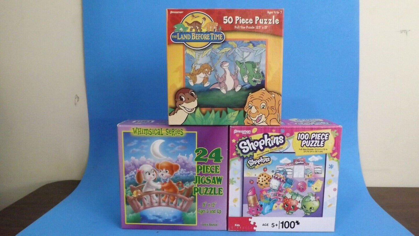 New LOT OF 3 The Land Before Time/Shopkins Kids/DancingPuppies Puzzles