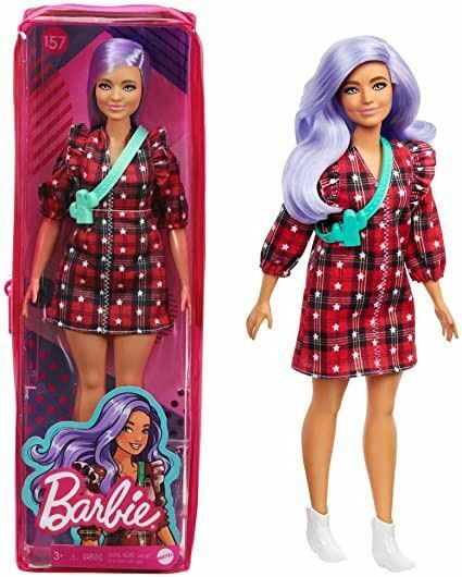 Barbie Fashionistas Doll #157 Curvy With Lavender Hair Red Plaid Dress
